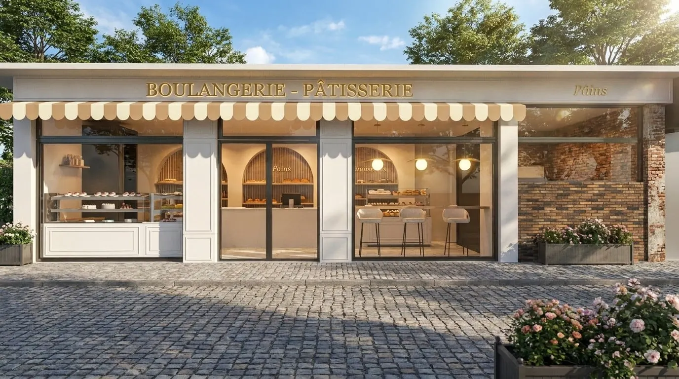 Devanture de la boulangerie : store à lambrequin, enseigne dorée et parement de pierre