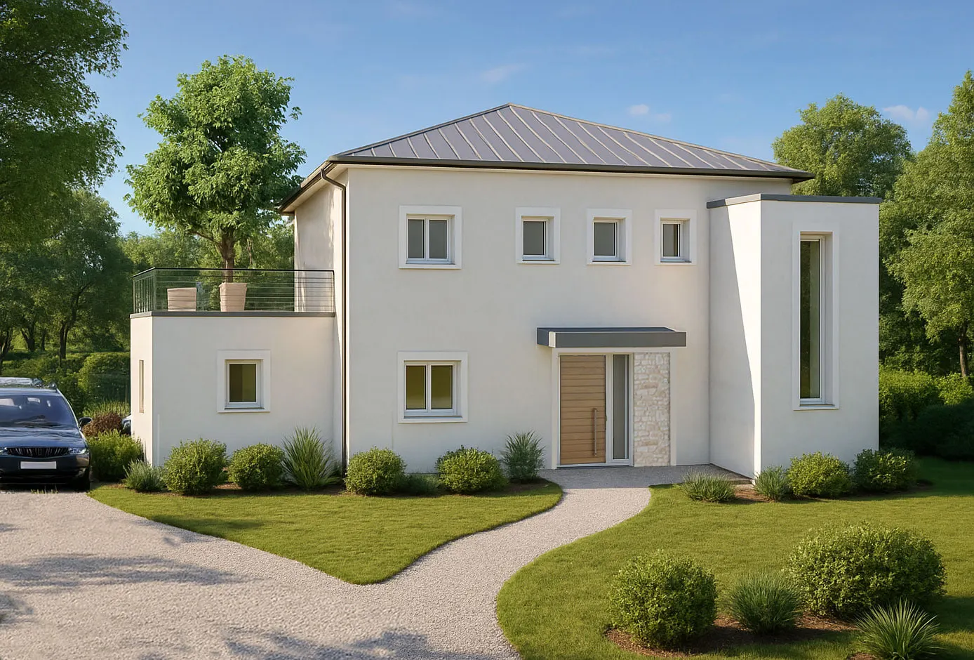 Façade sur rue de la maison contemporaine, enduit blanc crème et parement de pierre