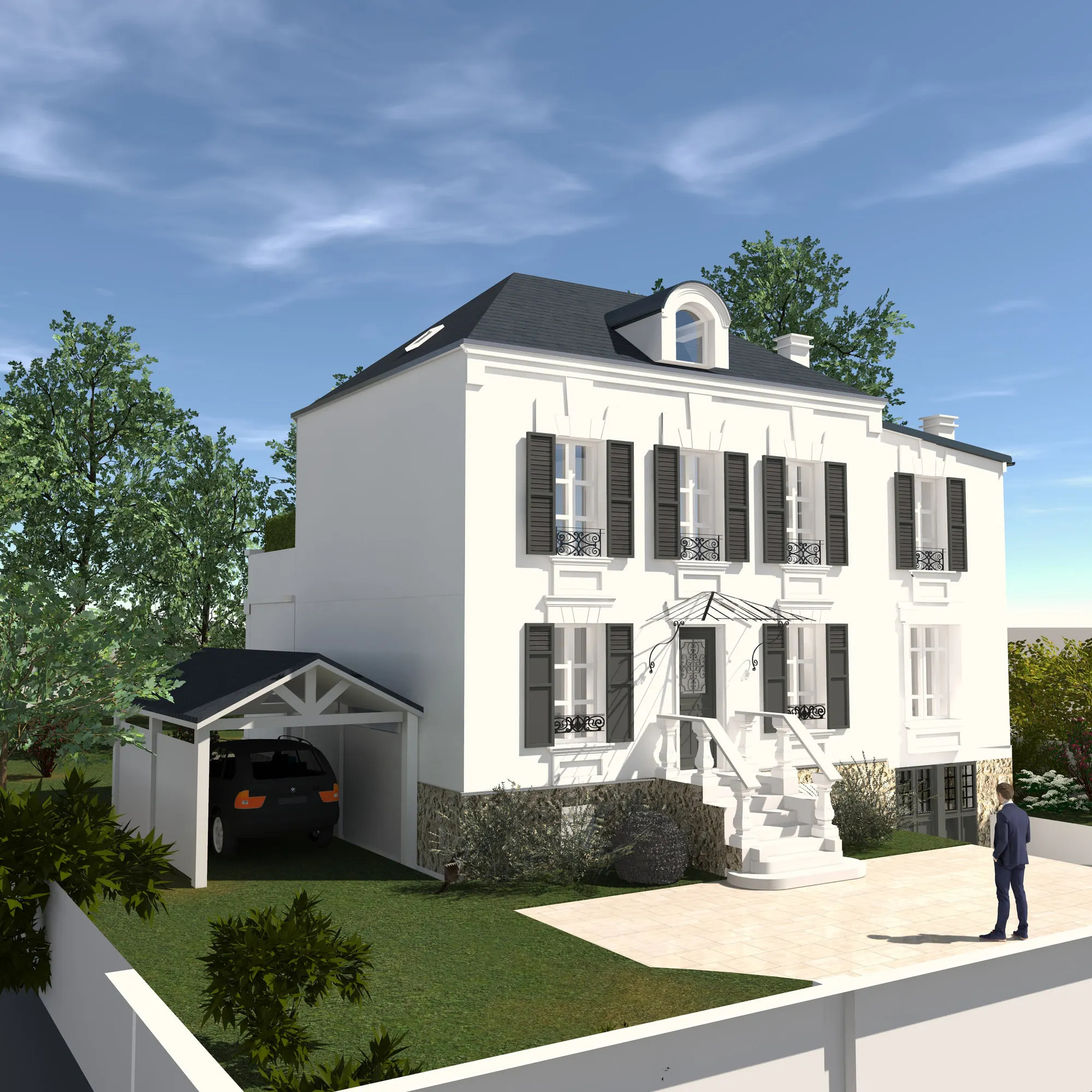 Insertion du projet : façade principale de la maison de maître rénovée, enduit blanc crème et volets blancs