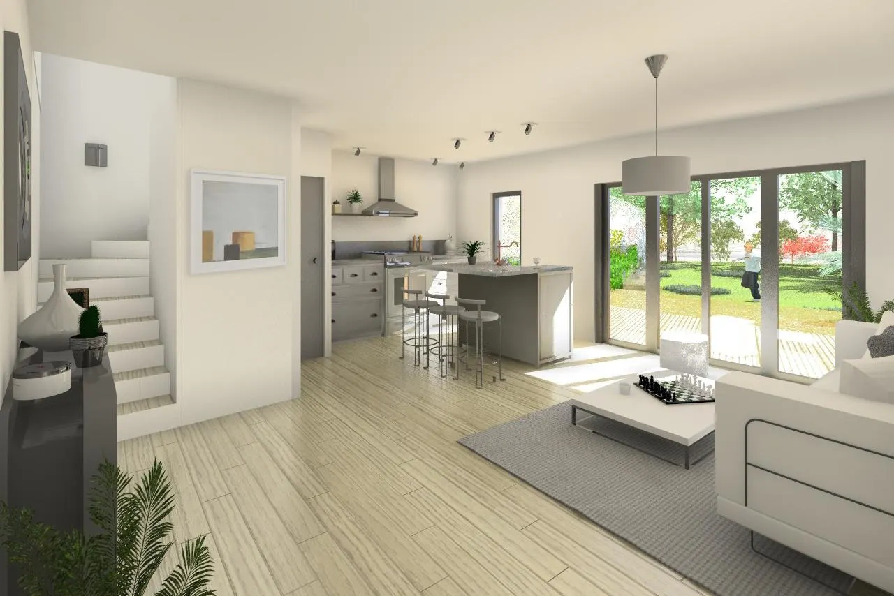 Séjour d'un logement, ouvert sur la salle à manger et l'extérieur