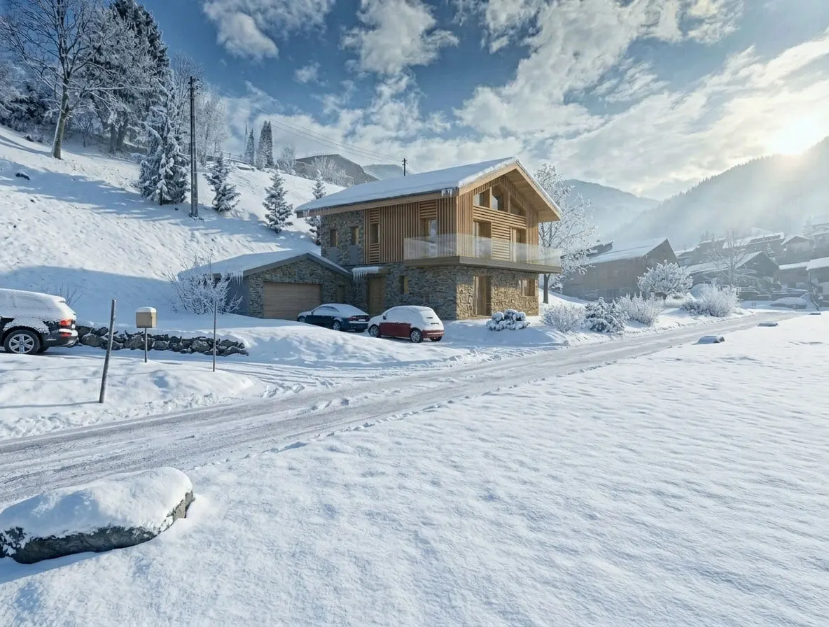 Vue hivernale de la maison depuis la route, neige et montagne en arrière-plan