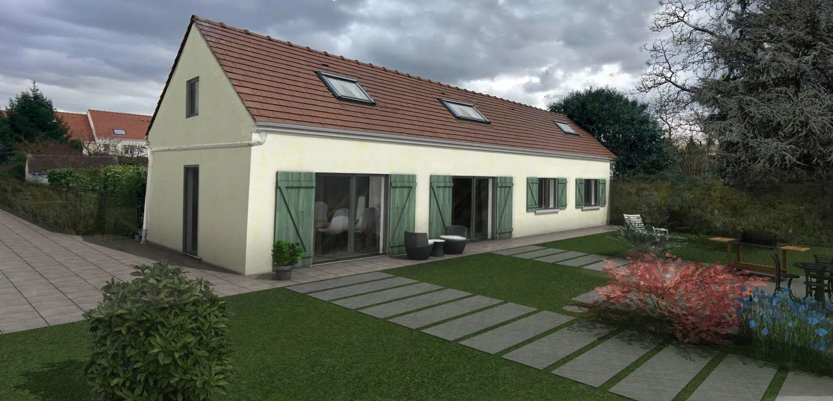 Le gîte depuis le jardin après travaux, allée de dalles et plantations