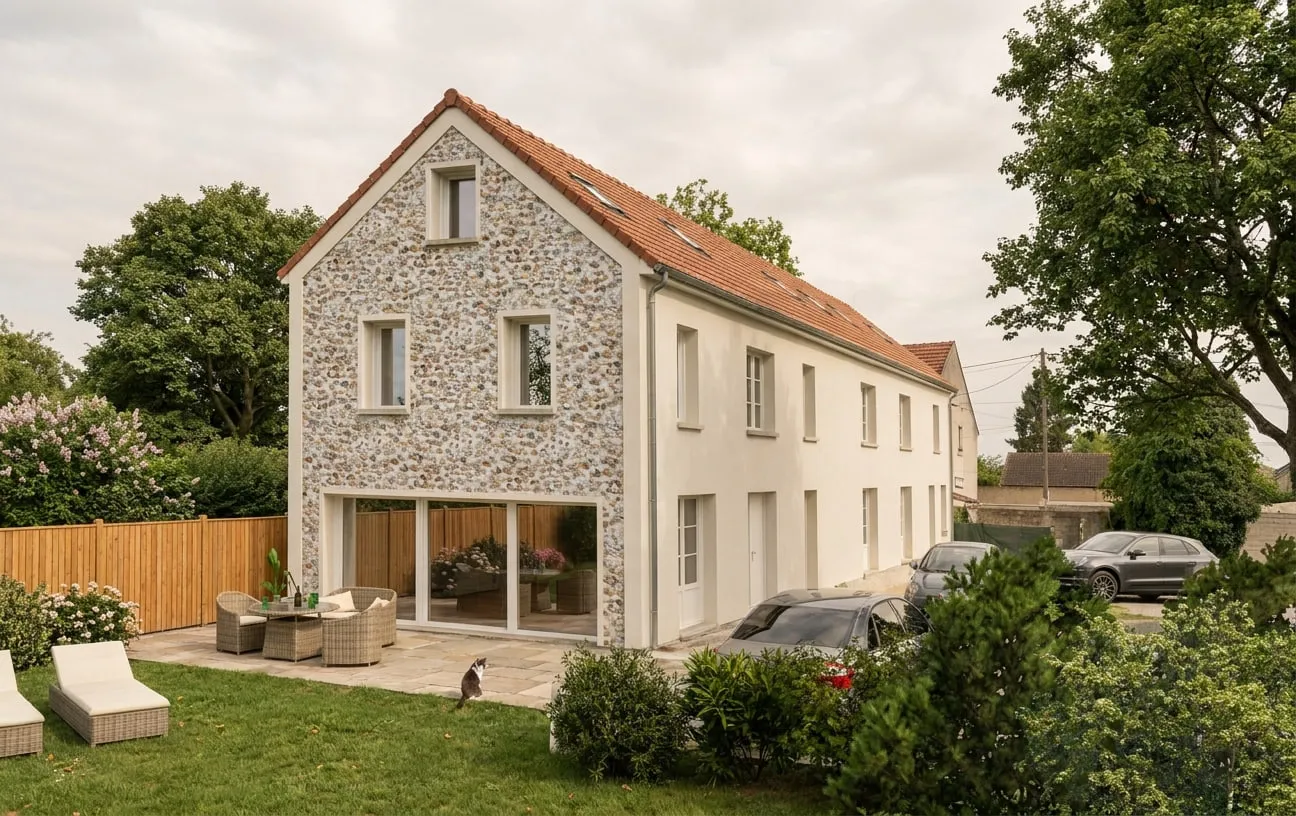 Vue depuis le jardin : maison existante à gauche, extension en pierre à droite