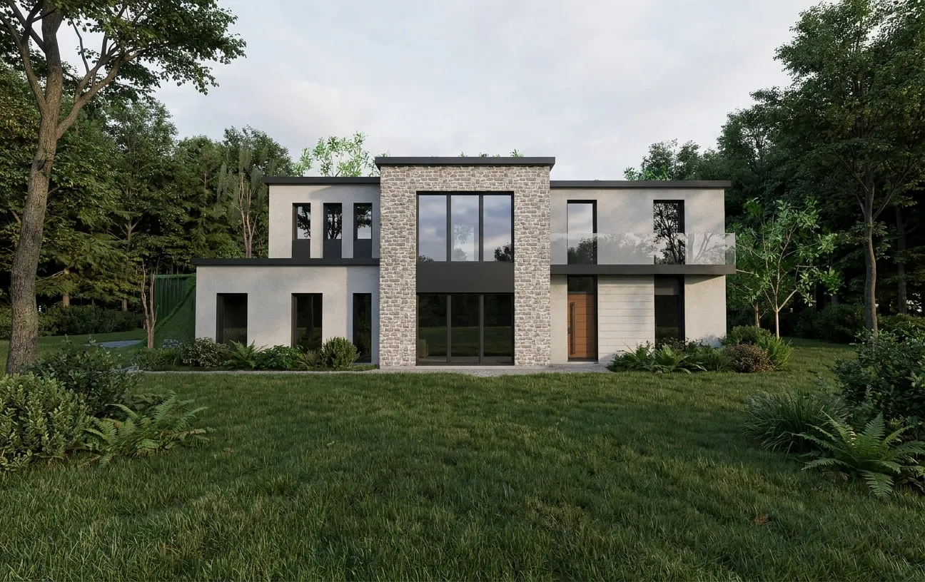 Vue de jour de la maison surélevée en lisière de forêt, parement de pierre et menuiseries sombres