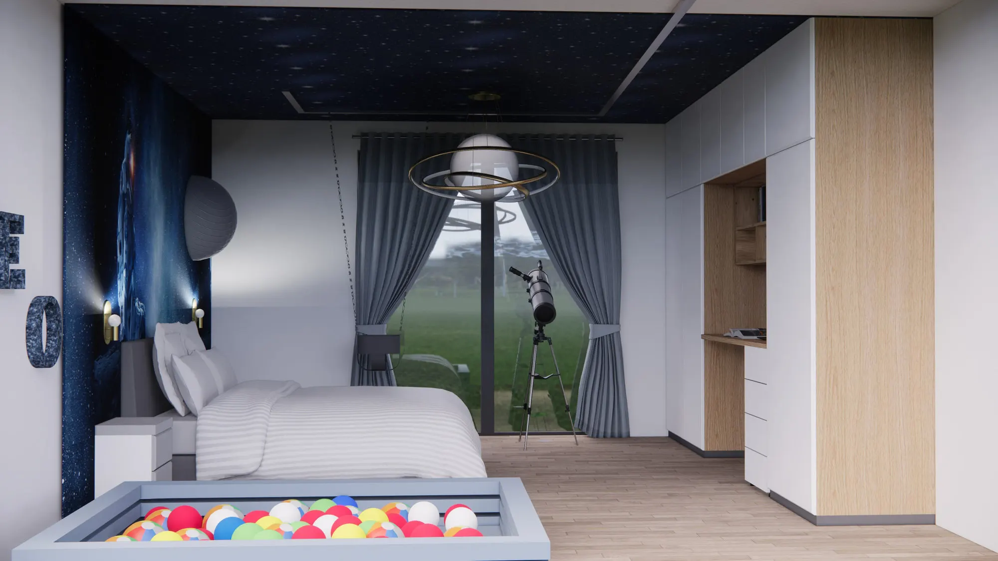 Chambre d'enfant avec voûte étoilée au plafond et espace de jeu