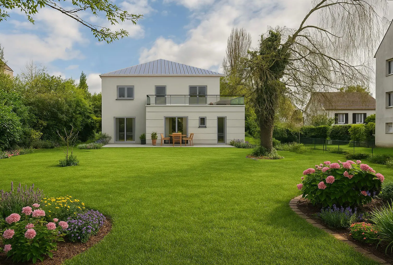 Façade sur jardin ouverte sur un grand terrain planté