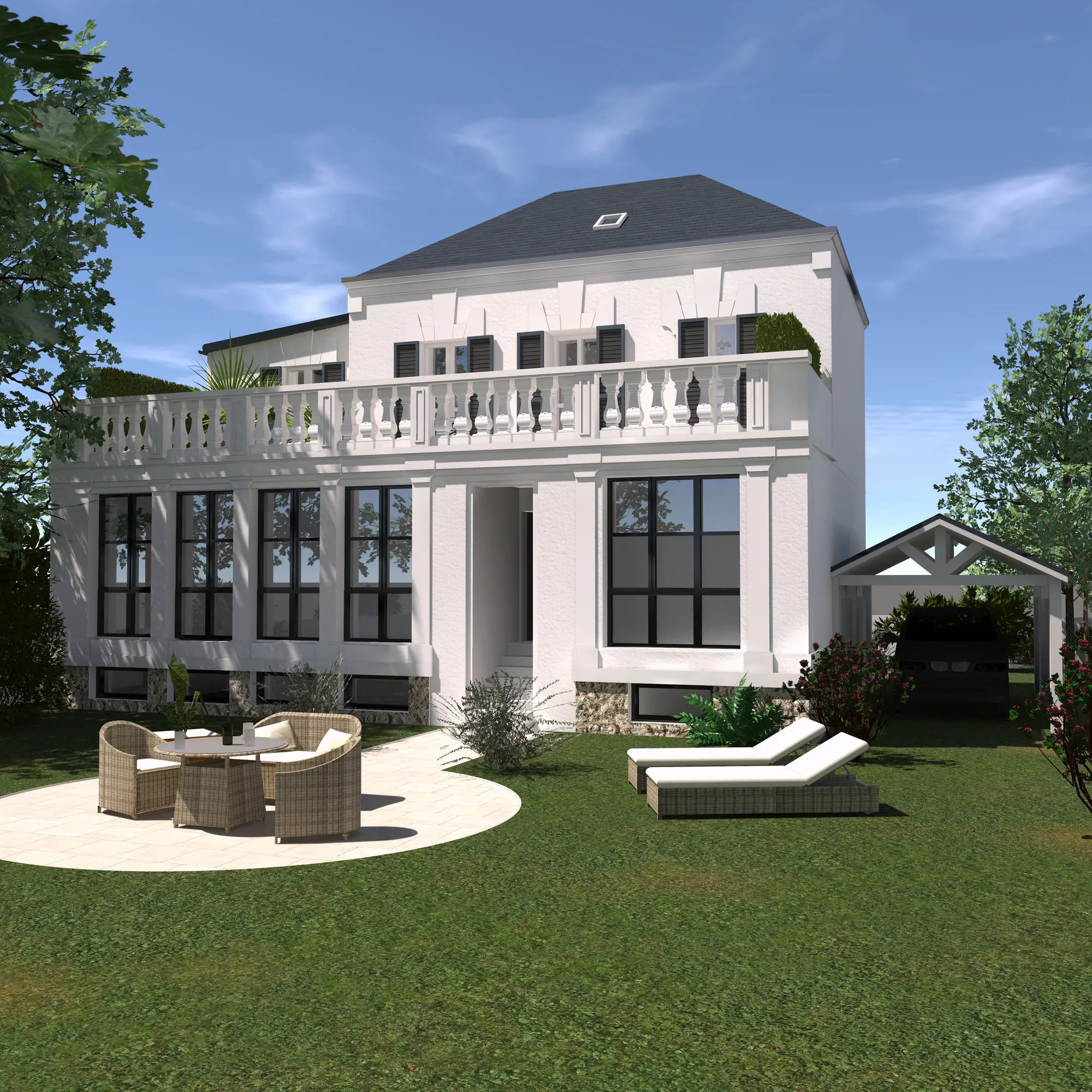 Façade sur jardin avec terrasse et emmarchement