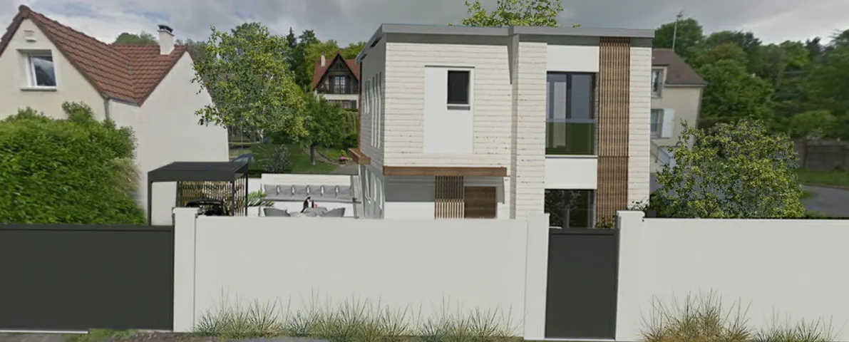 Vue latérale du projet depuis la voie, clôture et volumes
