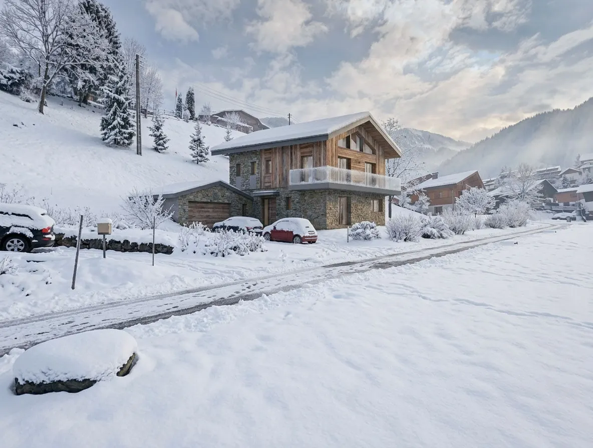 La maison en hiver vue depuis la route enneigée