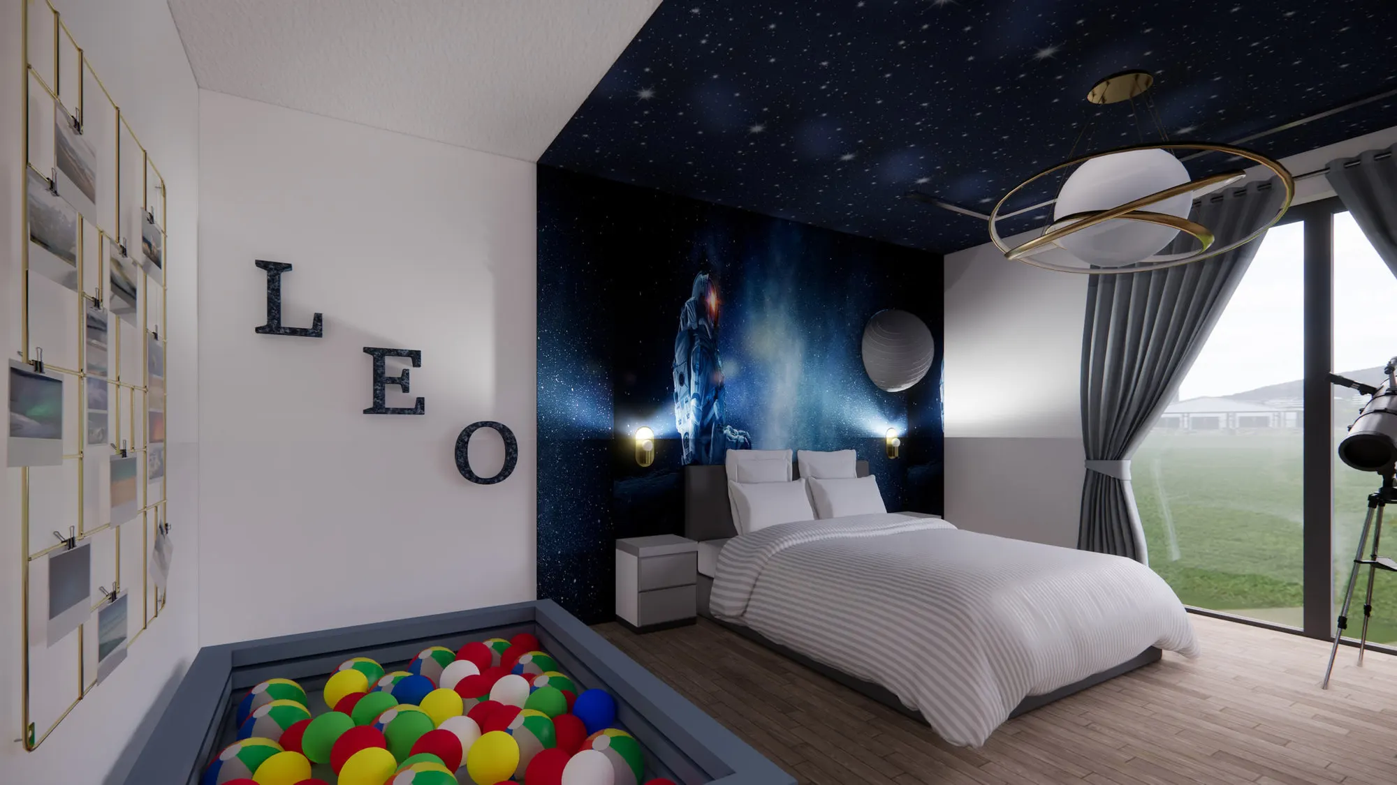Détail de la tête de lit et du décor mural de la chambre