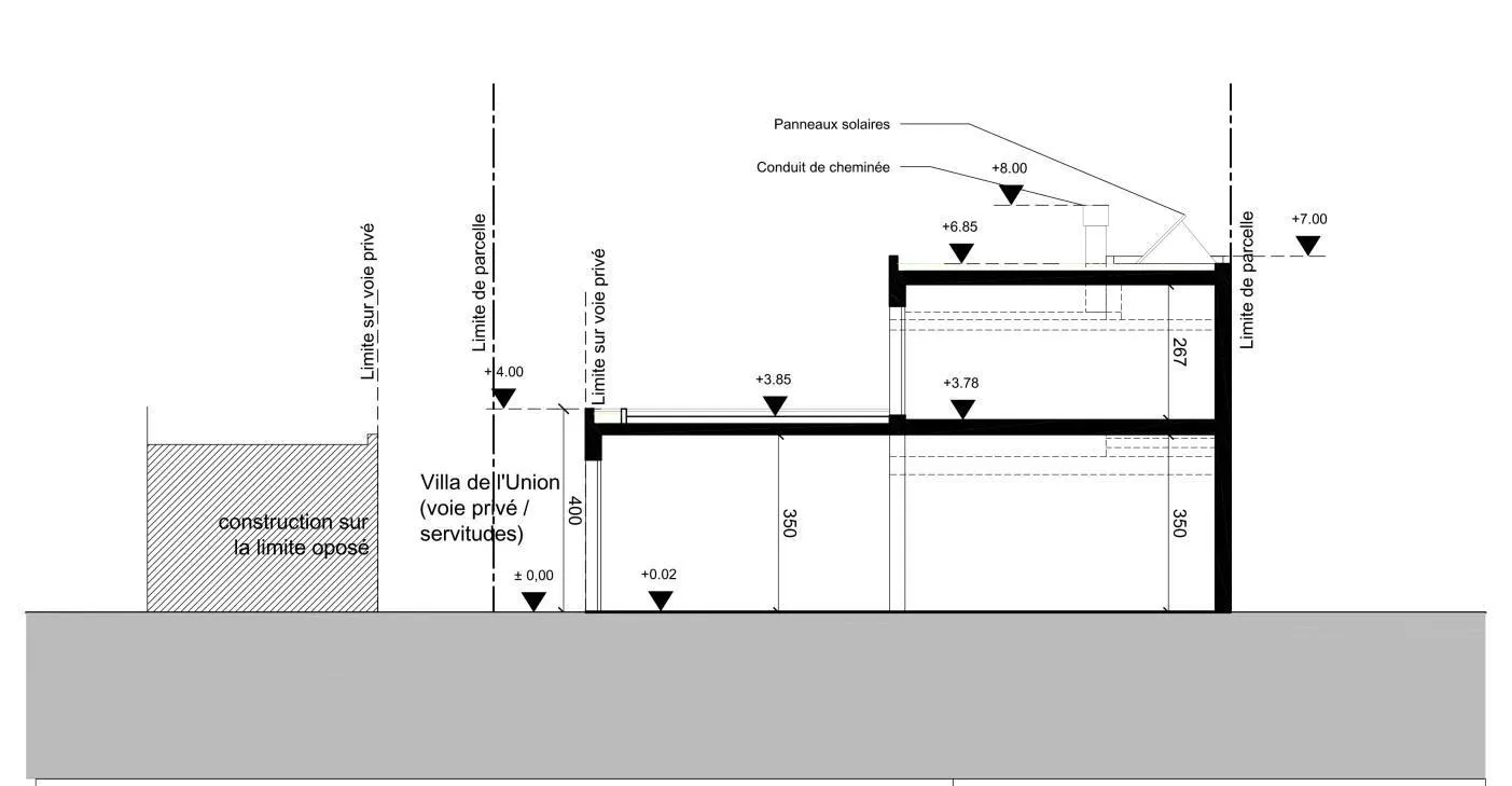 Coupe transversale montrant la maison et l'atelier