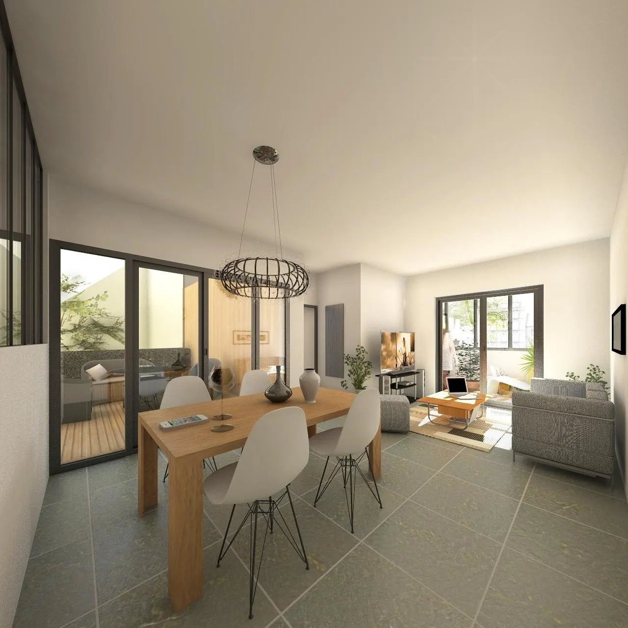 Salle à manger et coin cuisine d'un logement traversant