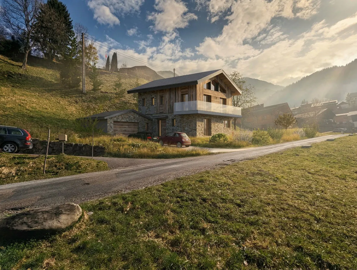 Vue estivale de la maison dans la pente, prairie et vallée