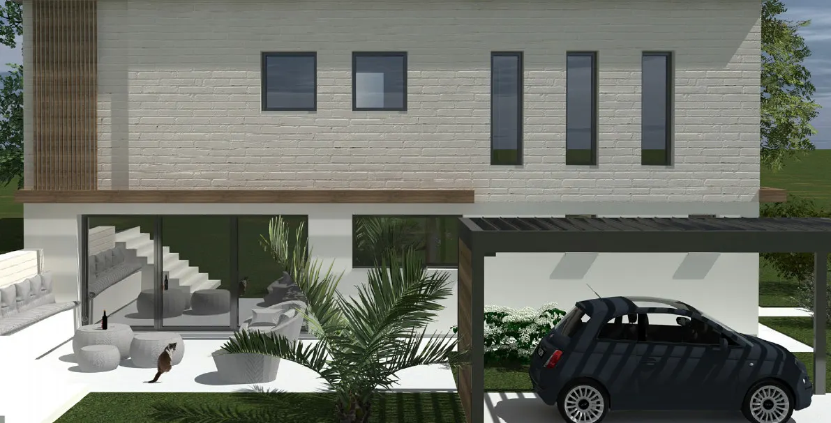 Façade sur jardin avec terrasse couverte et accès au garage