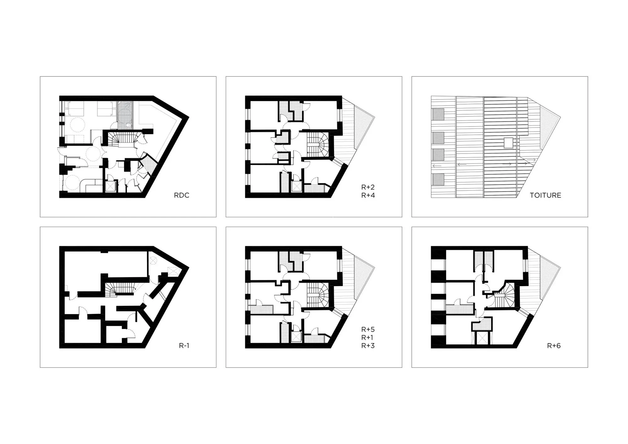 Planche des plans de niveaux, du rez-de-chaussée aux combles