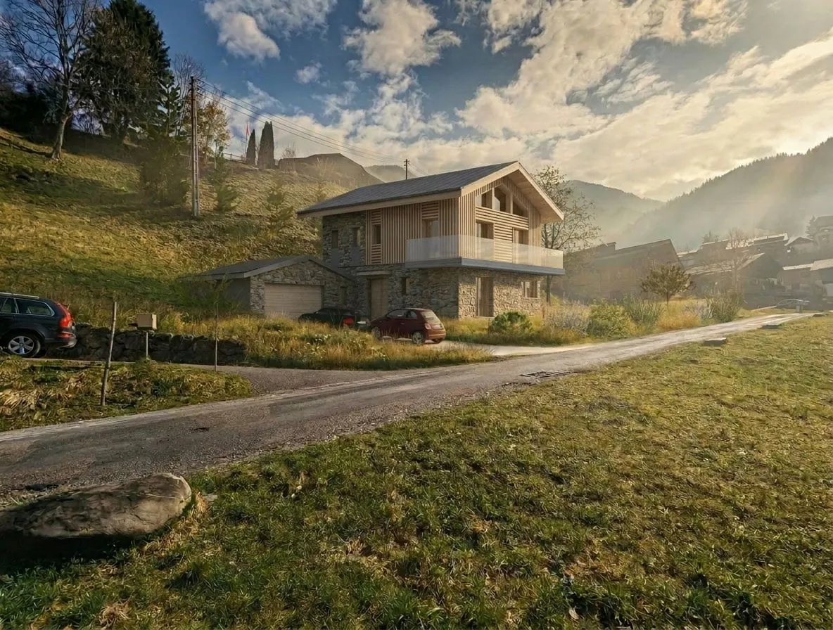 Vue en contre-jour, façade bois et couverture à forte pente