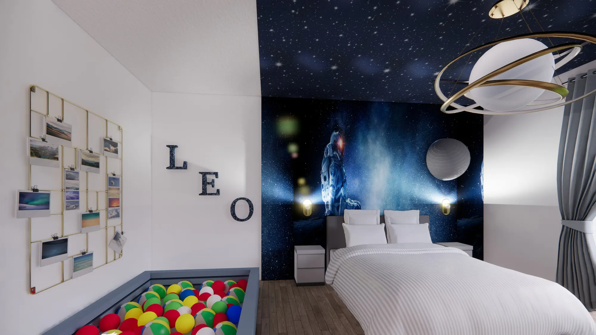 Vue d'ensemble de la chambre d'enfant, mur bleu dégradé et lettres murales