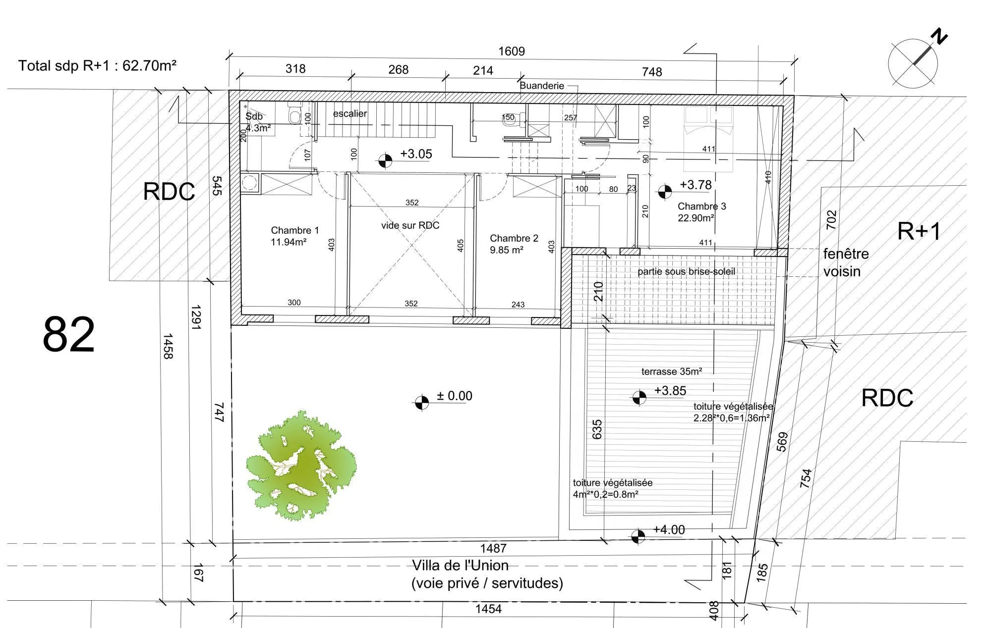 Plan de l'étage : chambres, salles d'eau et terrasse