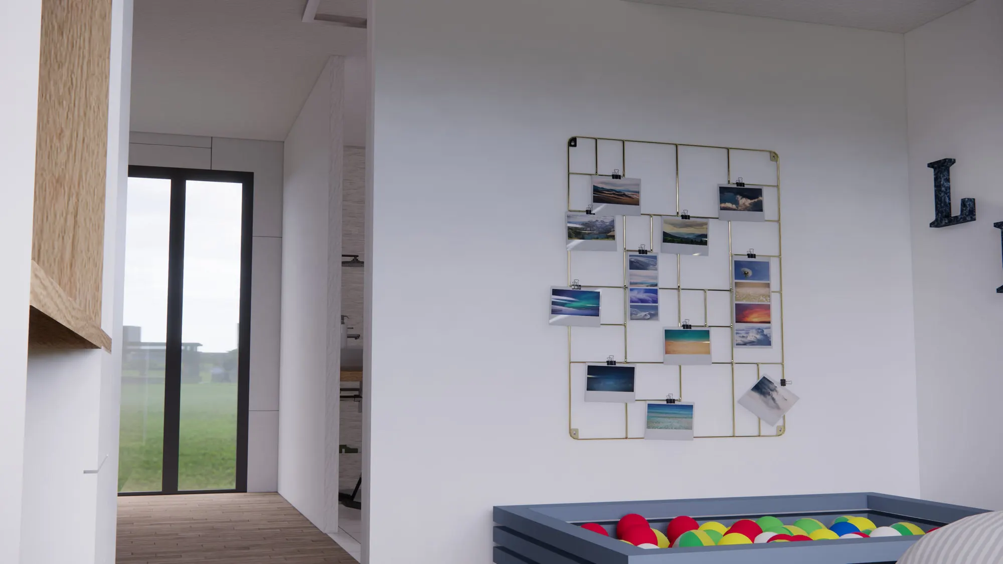 Palier de l'étage avec cadre mural et accès aux chambres