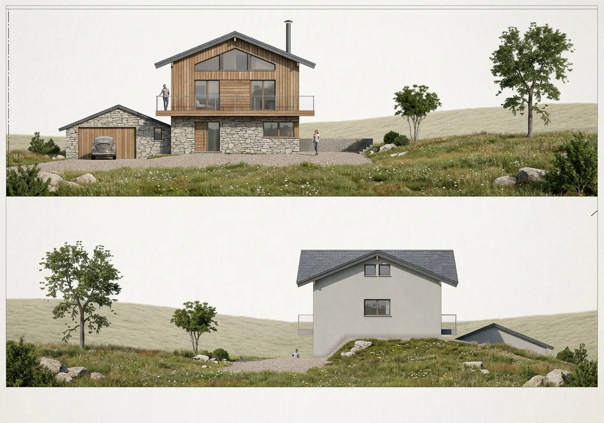 Façade aval avec soubassement en pierre et bardage bois