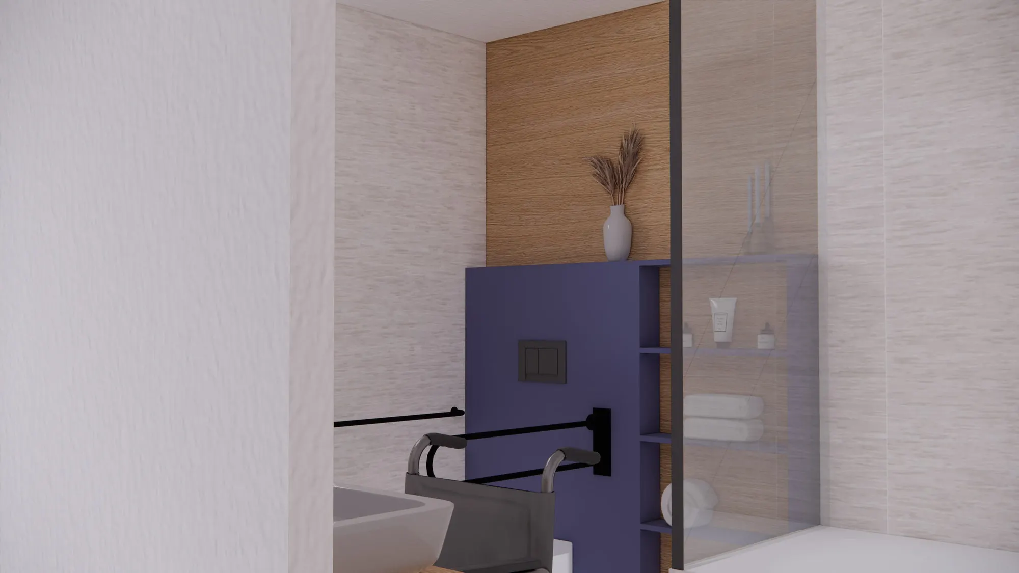 Salle de bain accessible, douche de plain-pied et barres d'appui