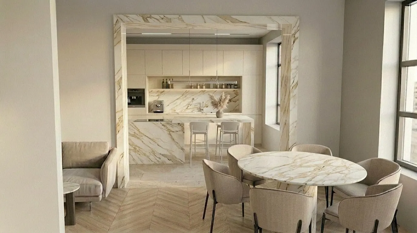 Enfilade entre le séjour et la cuisine, parquet à chevrons et arche maçonnée