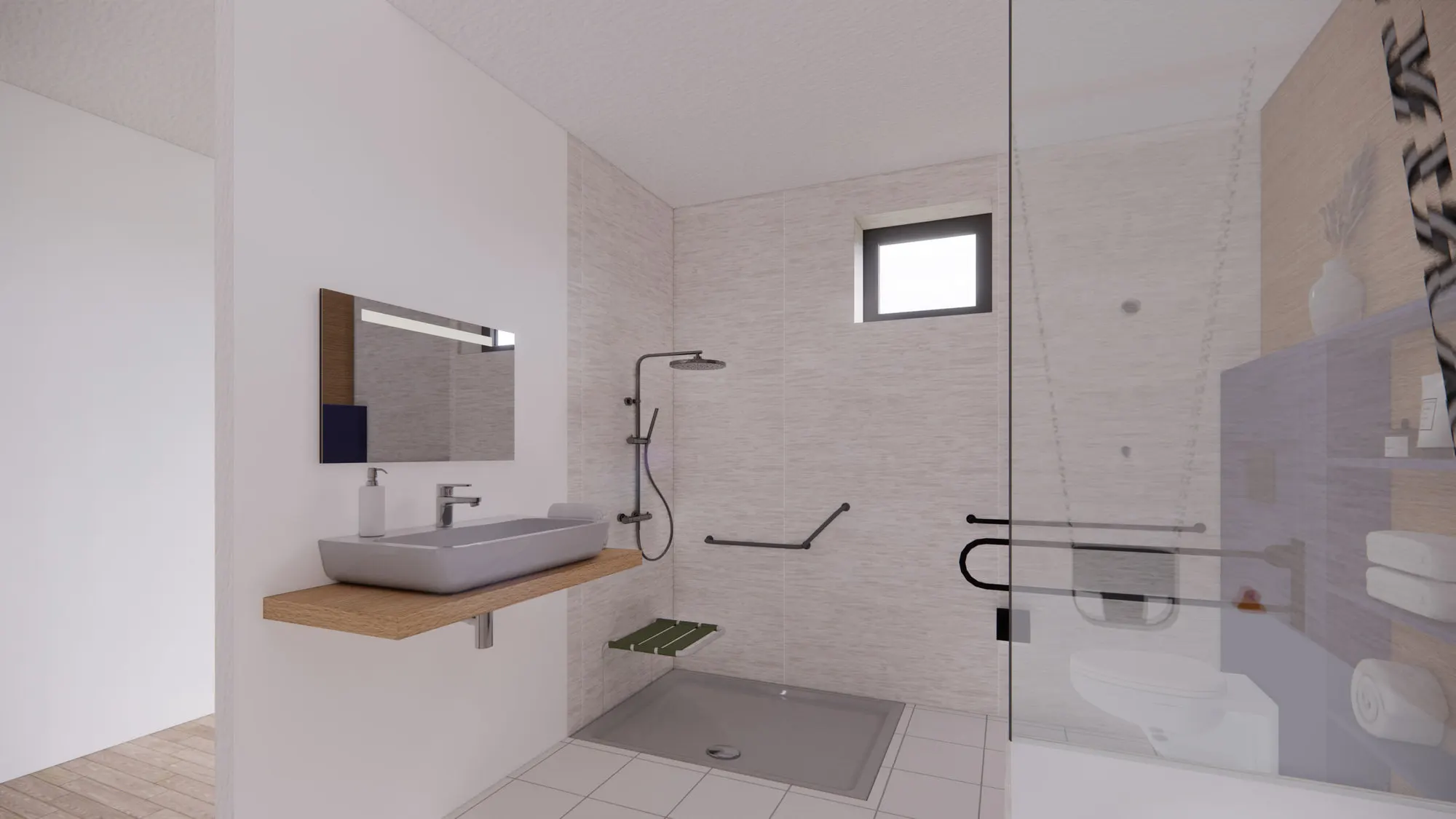 Détail de la douche de plain-pied et du plan vasque dégagé