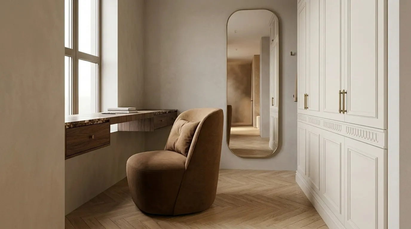 Vestibule d'entrée : boiseries claires, miroir cintré et fauteuil arrondi