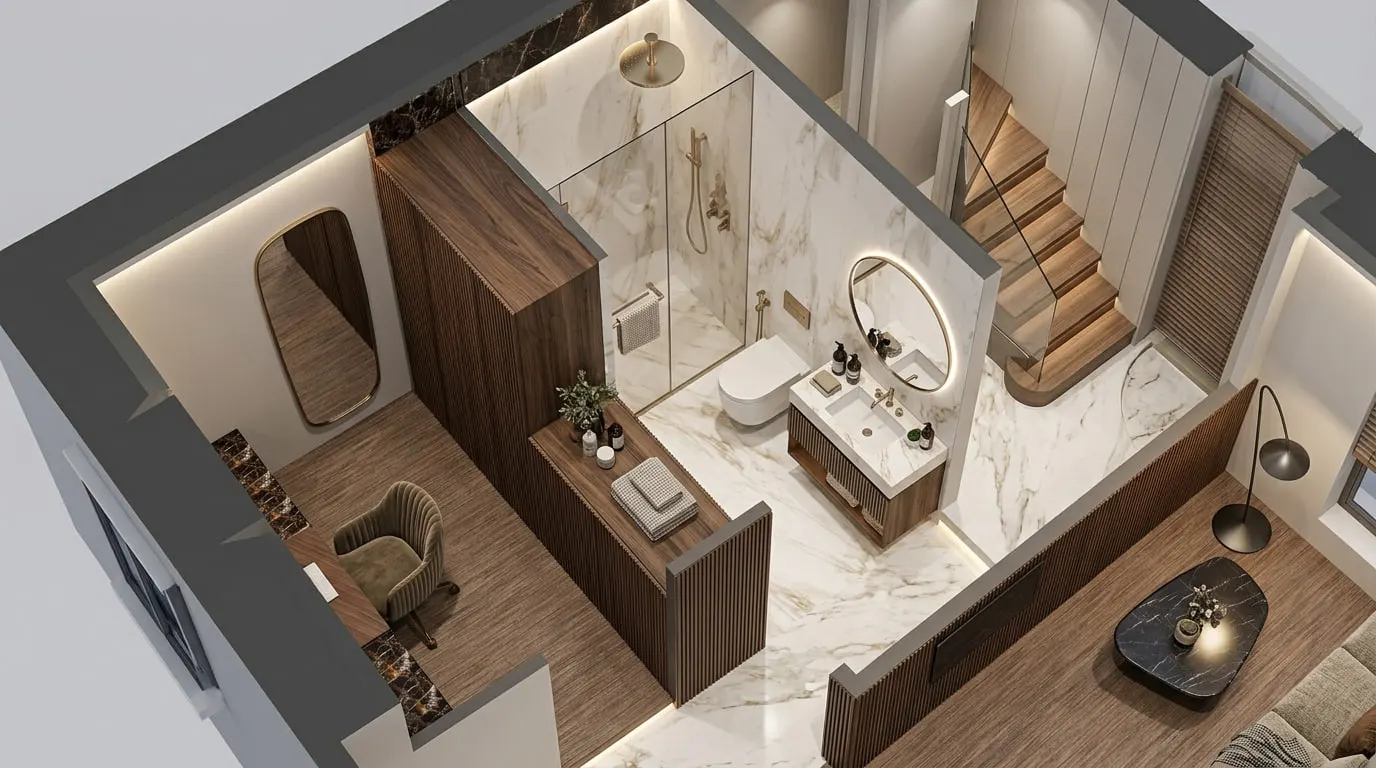 Axonométrie de la salle de bain, vasque suspendue et niche en noyer