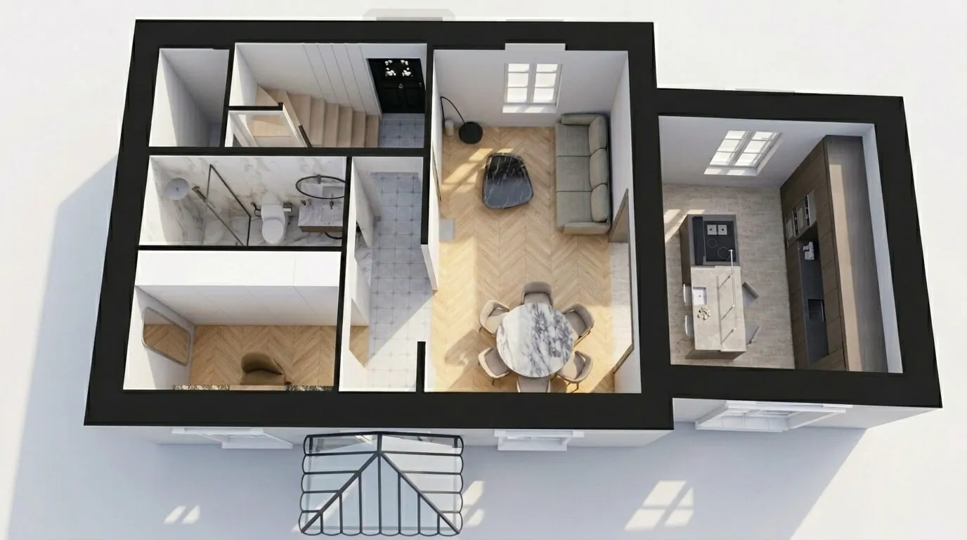 Axonométrie éclatée du rez-de-chaussée avec mobilier et cloisons