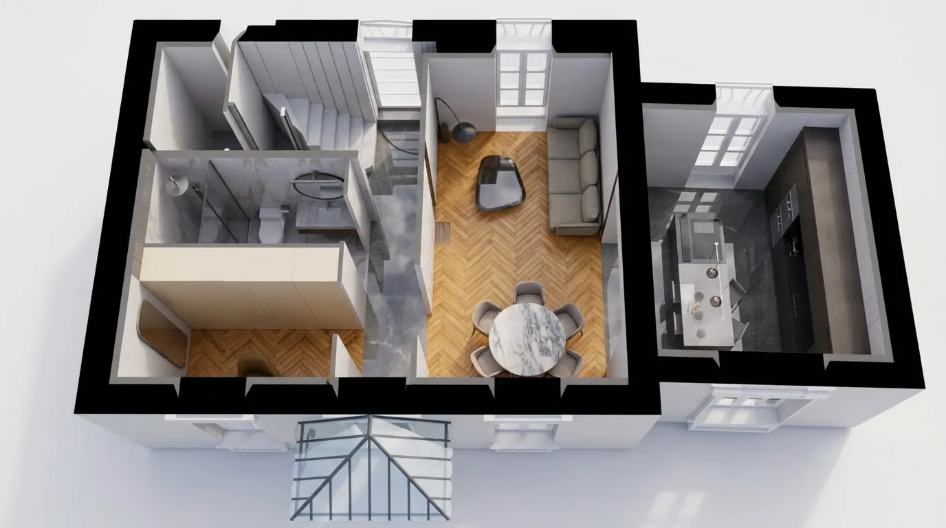 Axonométrie éclatée de l'étage avec chambres et salle de bain