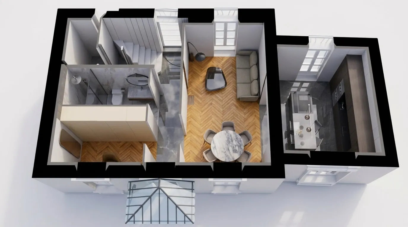 Axonométrie éclatée de l'étage avec chambres et salle de bain