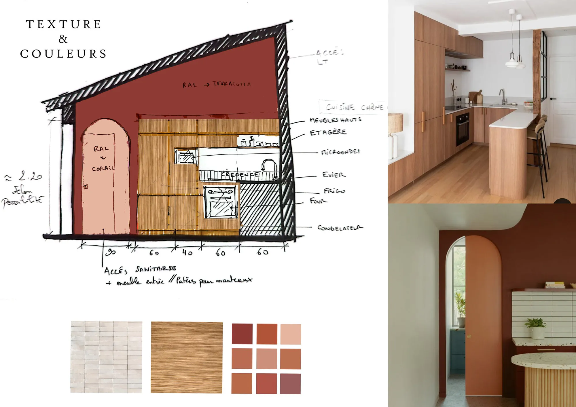 Planche de textures et de couleurs d'un projet de rénovation : coupe de principe annotée à la main et échantillons de matériaux