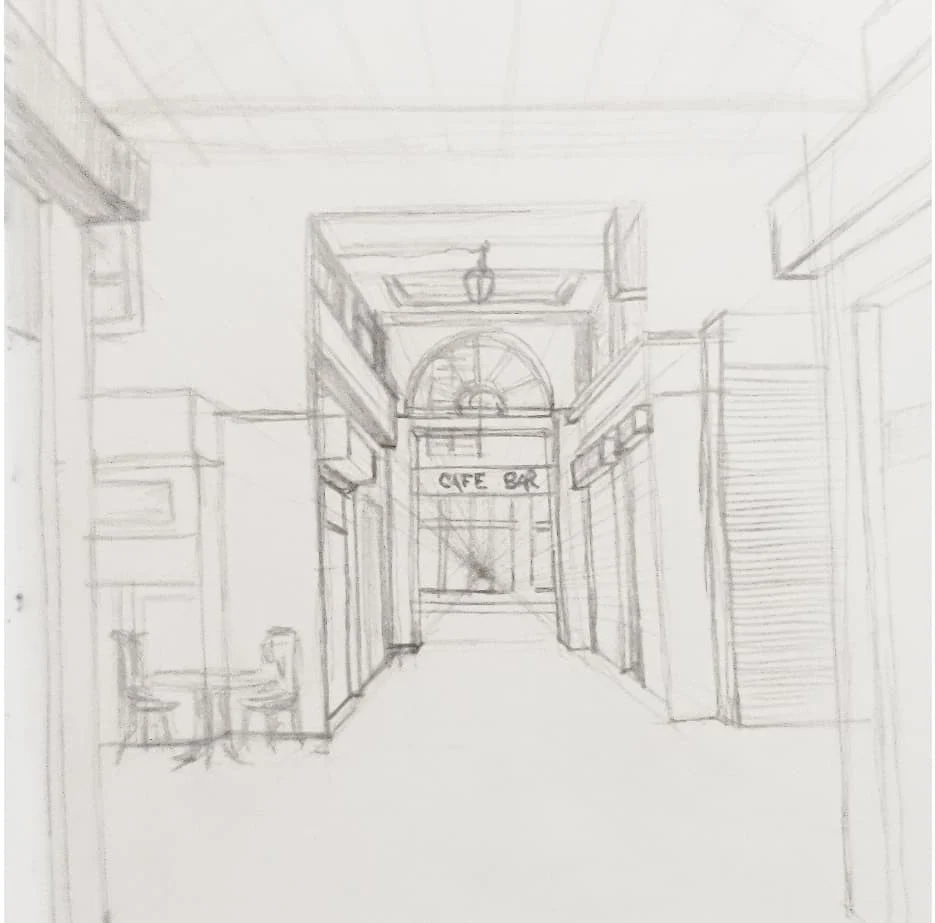 Perspective au crayon d'un passage couvert : commerces, tables et arcade en fond